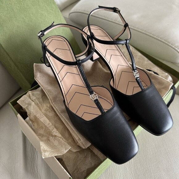 NEW Gucci WOMEN'S PETITE GG SLINGBACK PUMPS HEELS Sz 38.5 Black Strap - Picture 4 of 11